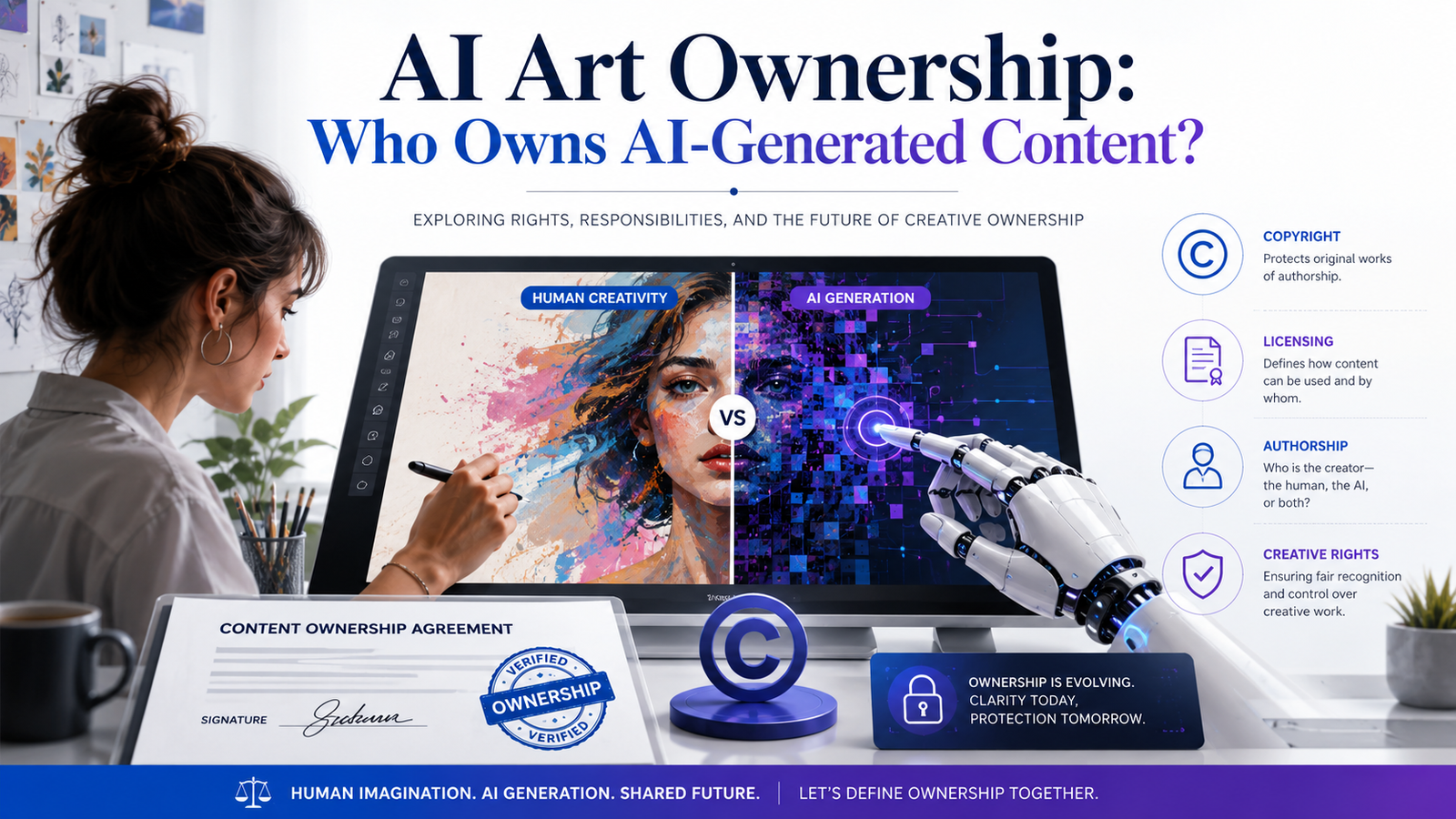 AI art ownership showing a digital creator reviewing AI-generated artwork, copyright law, and platform ownership terms