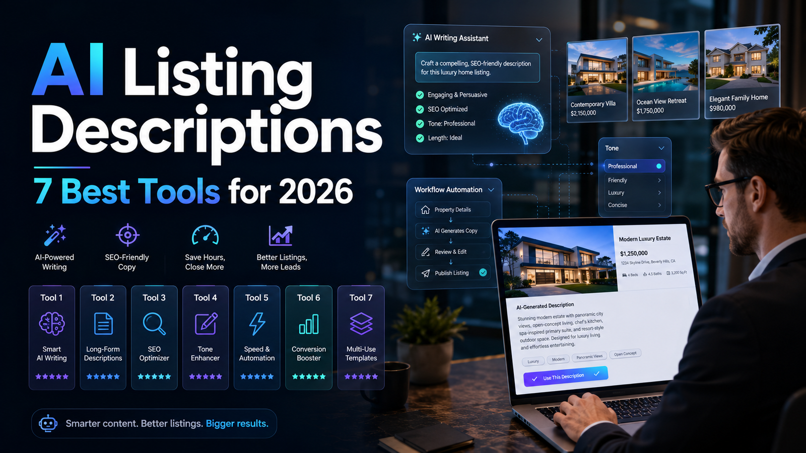 AI listing descriptions being reviewed by a real estate agent for accuracy, MLS formatting, and Fair Housing compliance
