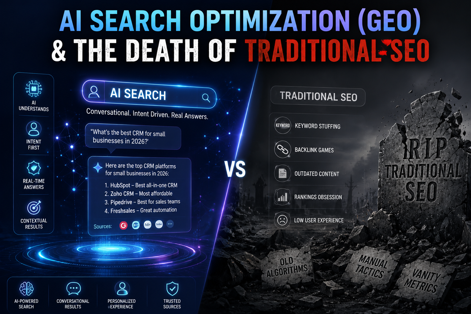 AI search optimization dashboard comparing GEO, AI-generated answers, citations, and traditional SEO results