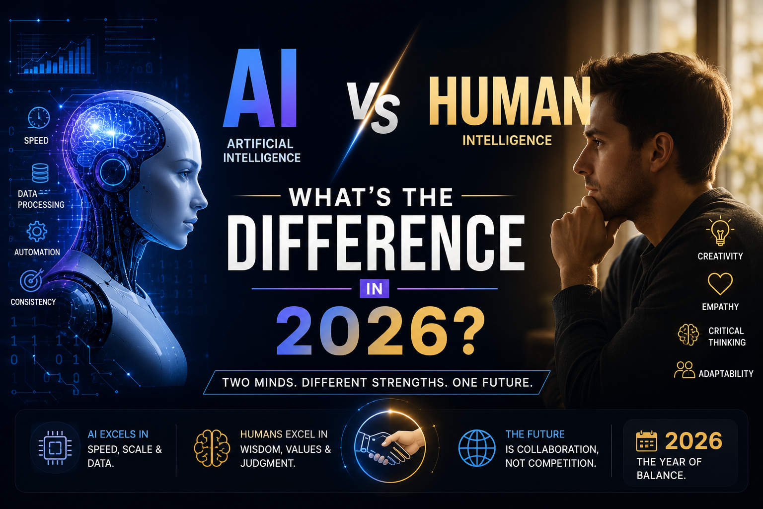 AI vs human intelligence comparison showing human creativity and machine data processing