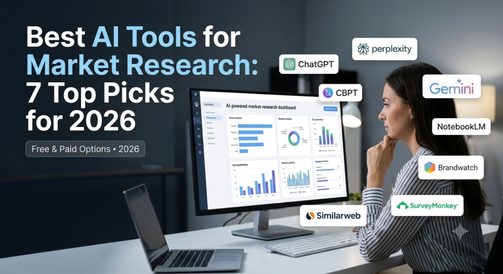 Best AI tools for market research displayed on an AI analytics dashboard
