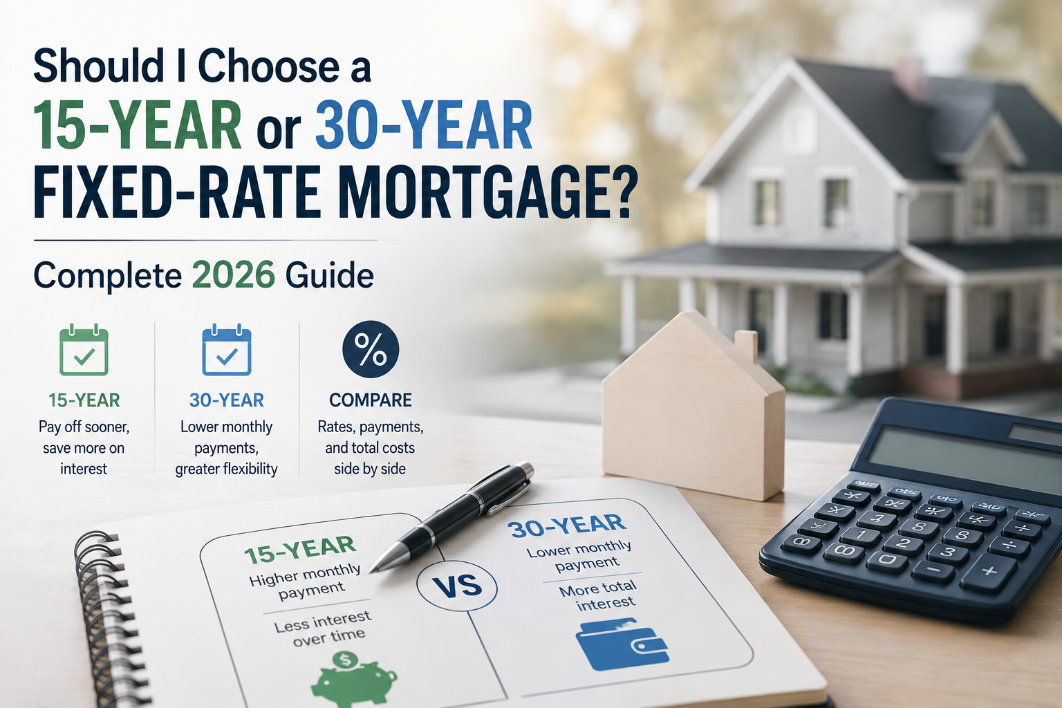 15-year vs 30-year mortgage comparison showing monthly payments, interest costs, PITI, PMI, and home financing