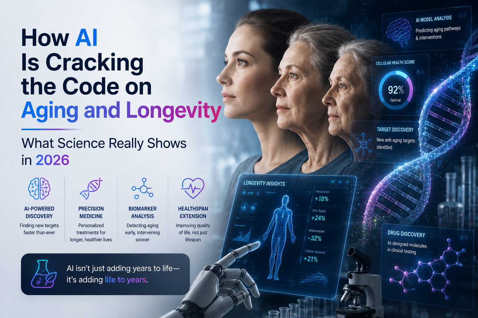 AI and longevity research using biological age, aging biomarkers, DNA analysis, and AI drug discovery