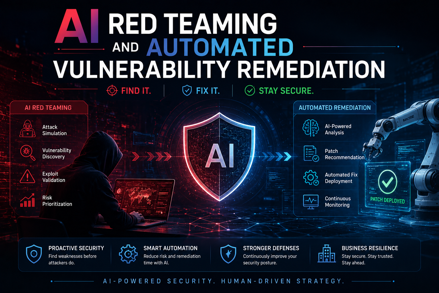 AI red teaming and automated vulnerability remediation workflow with security testing, verified fixes, and human approval
