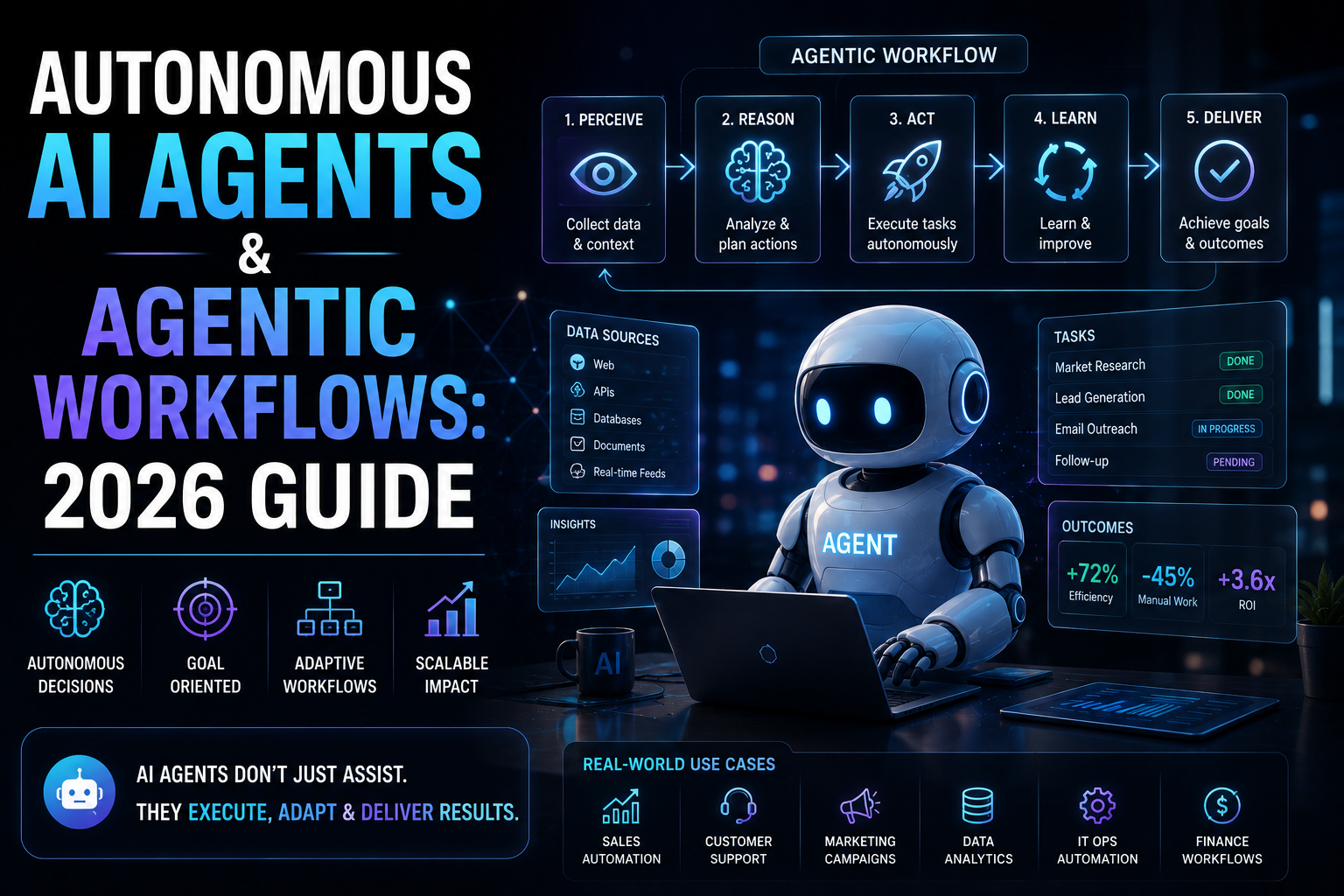 Autonomous AI agents managing agentic workflows with tools, human approvals, security controls, and business automation