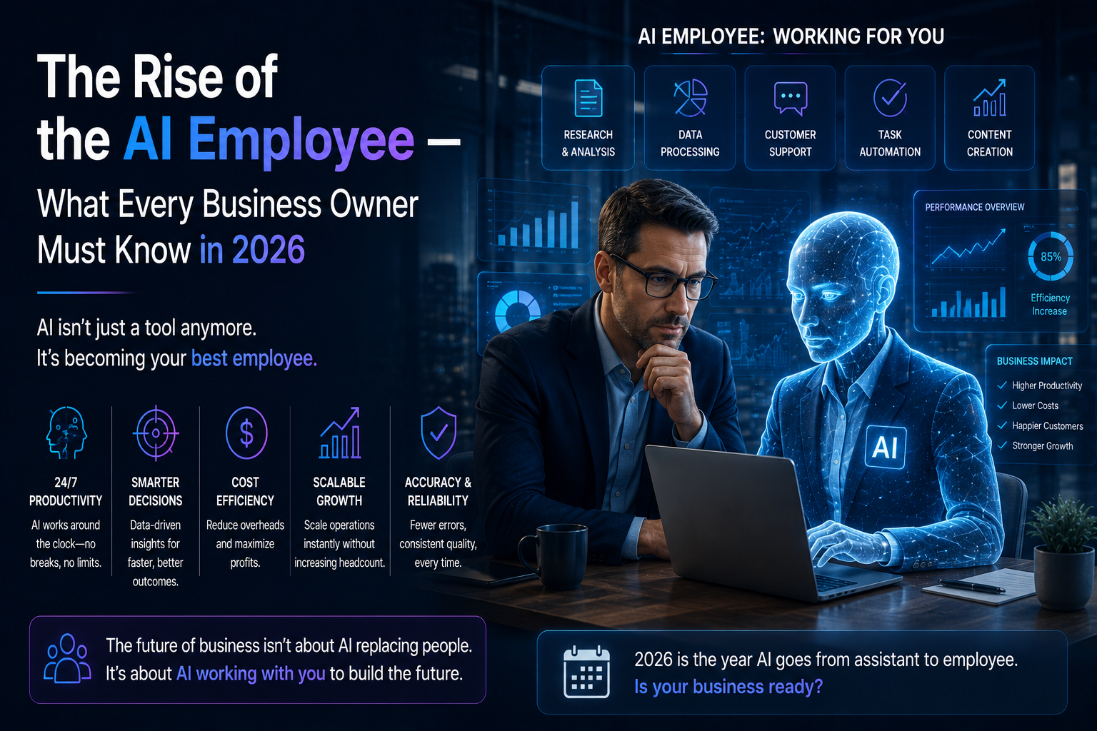 AI employees helping business owners manage sales, customer service, marketing, operations, and workplace automation