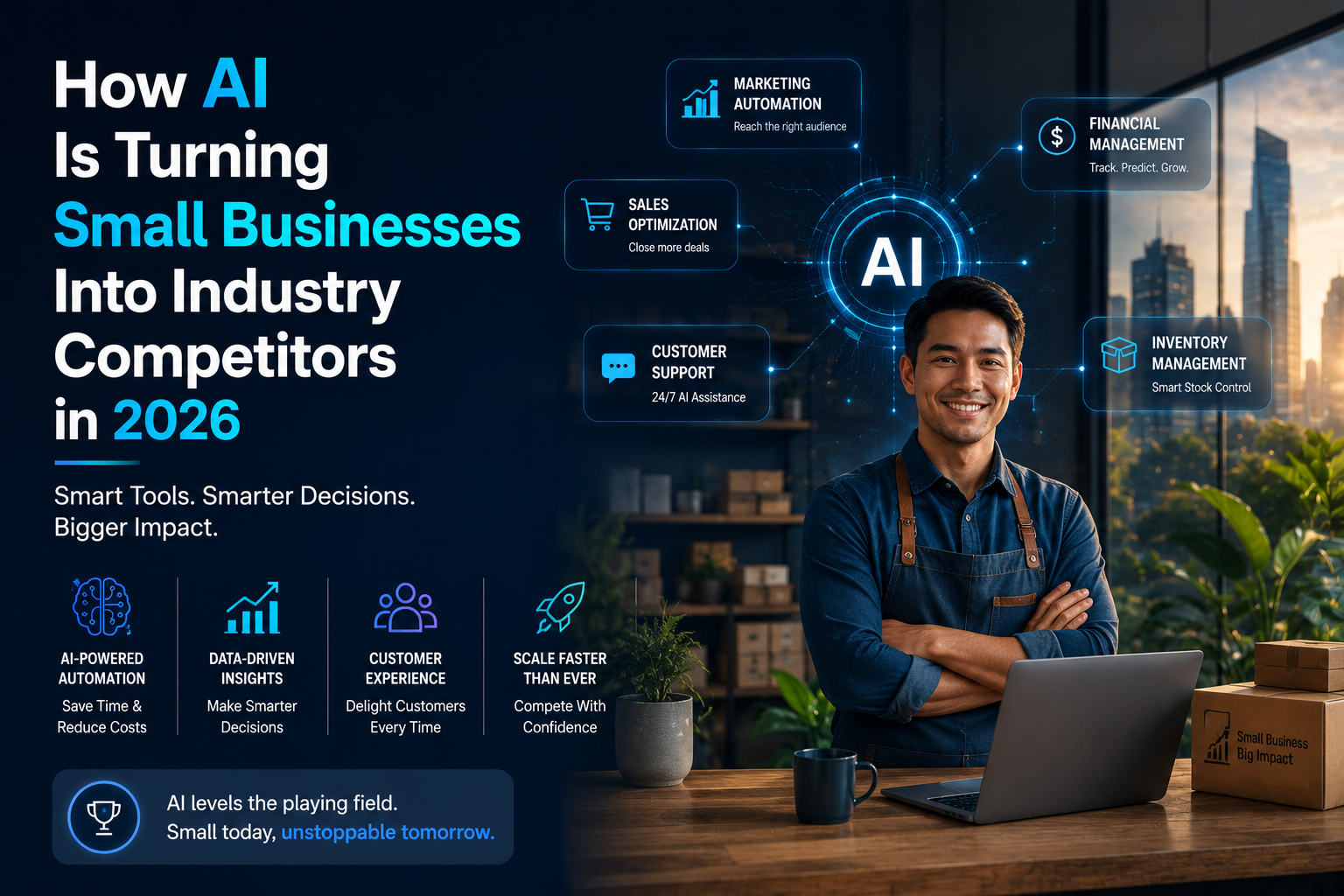AI for small business helping small companies compete through automation, marketing, sales, customer service, and smarter operations