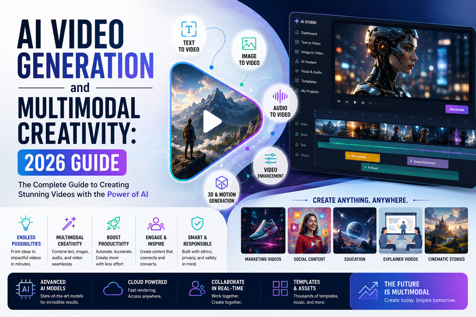 AI video generation and multimodal creativity using text, images, audio, editing tools, and human creative direction