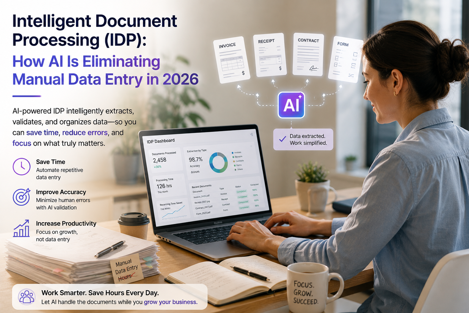 Intelligent document processing using AI to extract data from invoices, contracts, forms, and business documents
