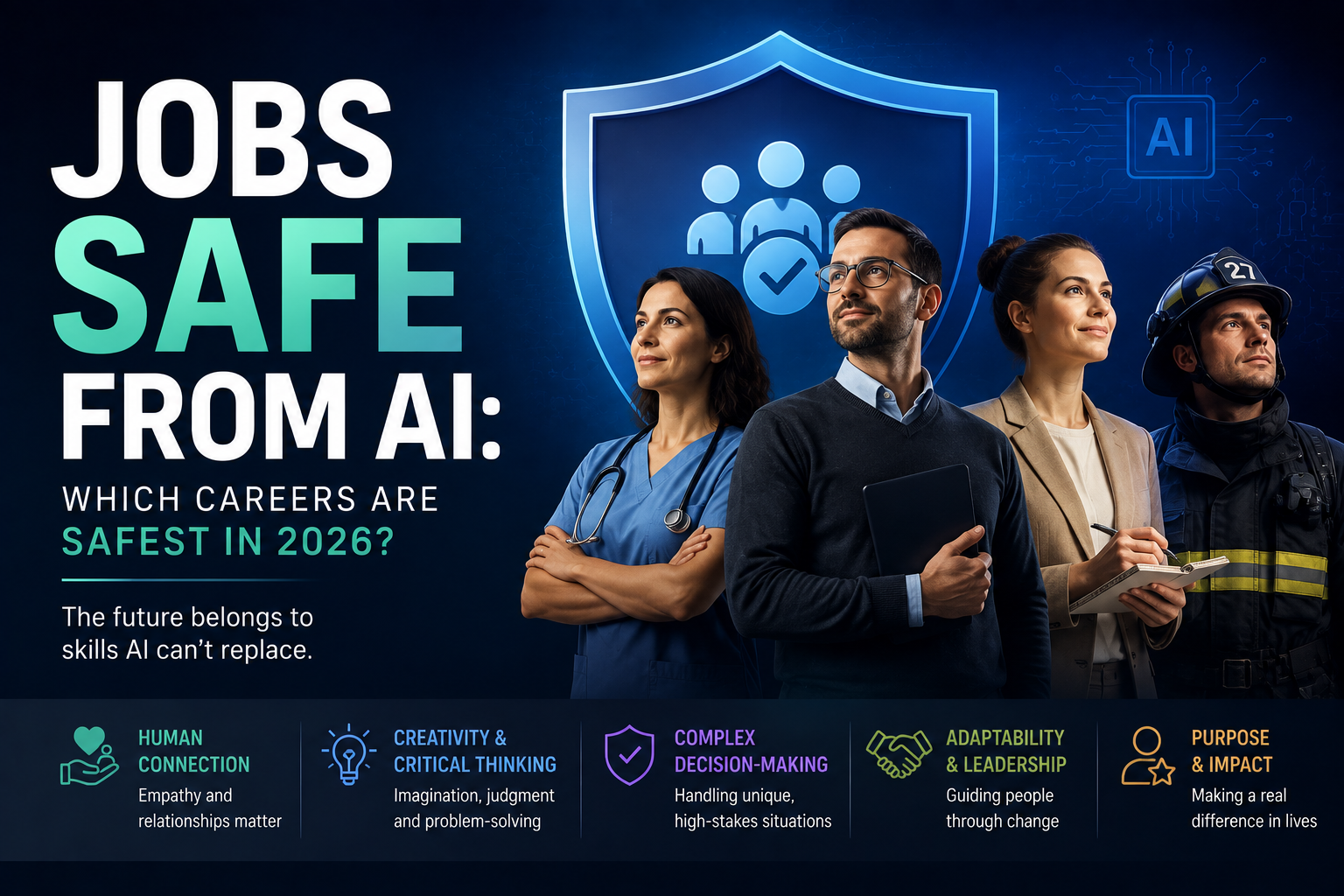 Jobs safe from AI including healthcare, skilled trades, cybersecurity, education, and human-focused careers
