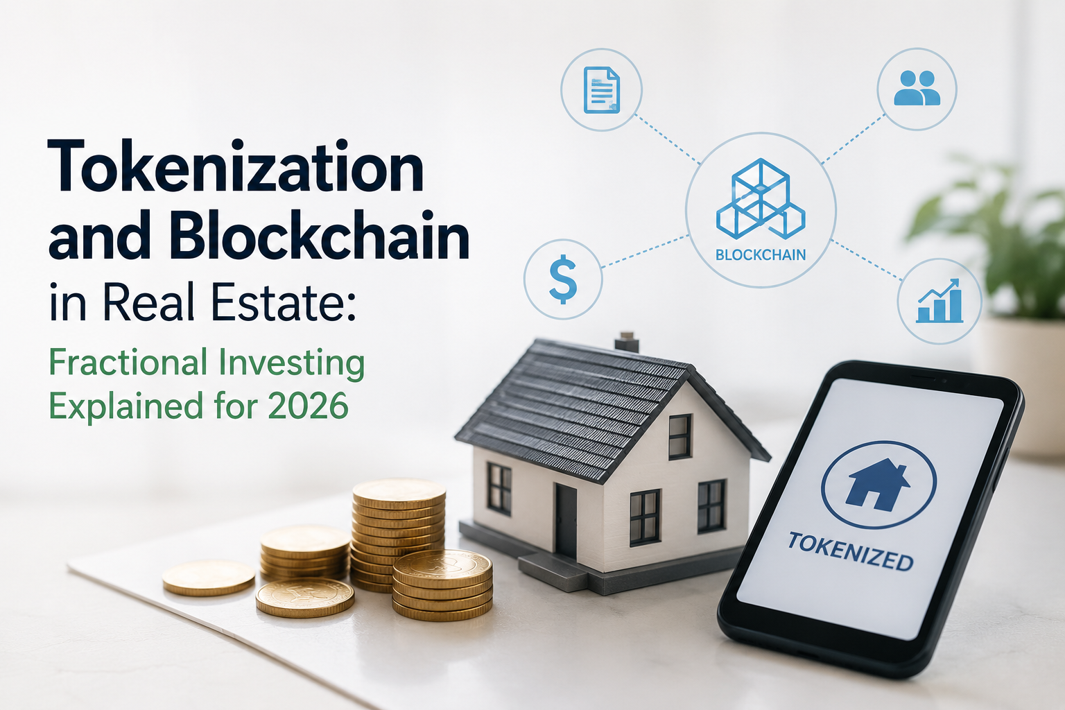 Real estate tokenization showing fractional property investing, blockchain ownership, digital property shares, and investor participation