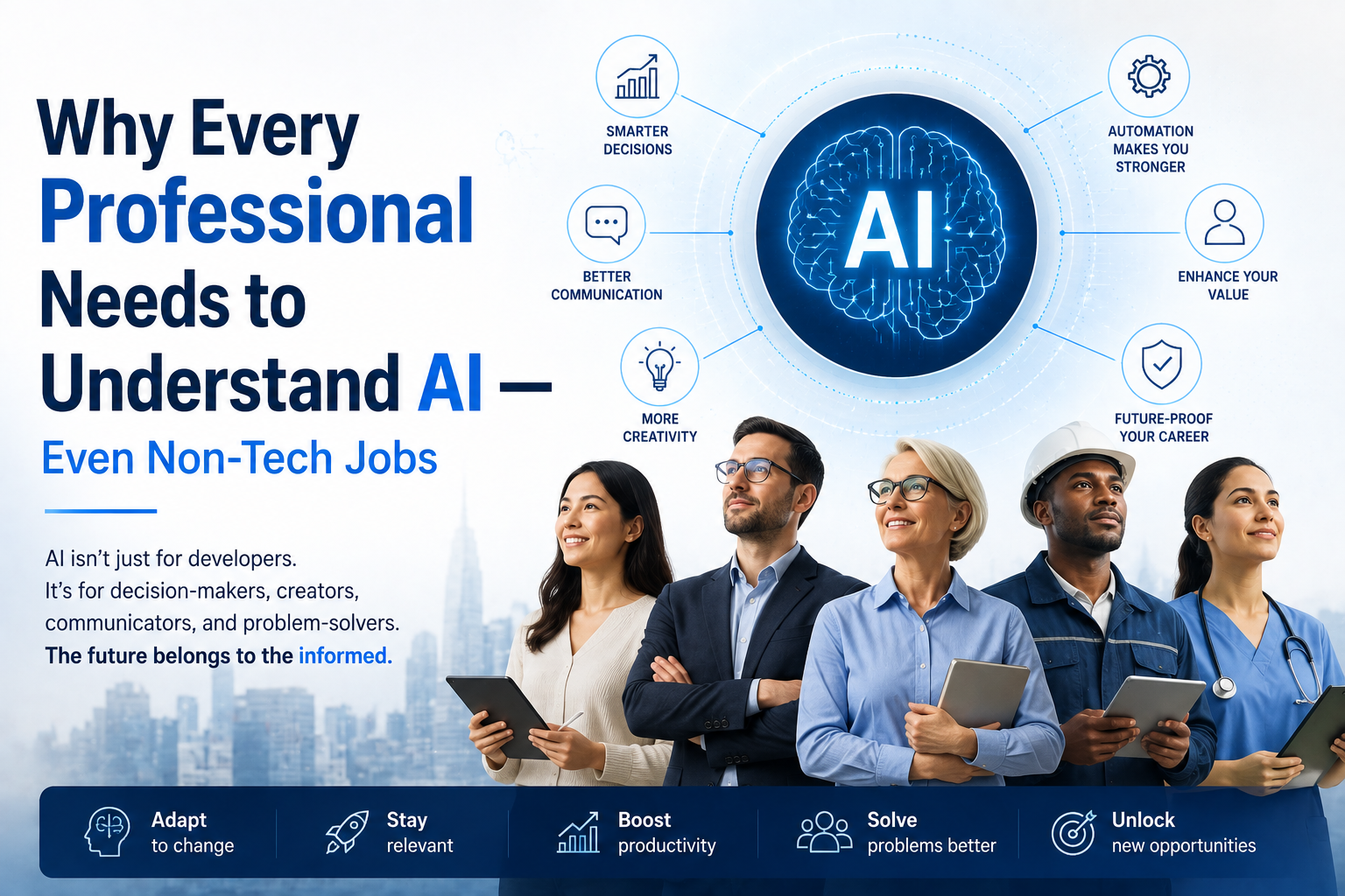 AI skills for non-technical jobs helping professionals with workplace productivity, communication, research, and decision-making