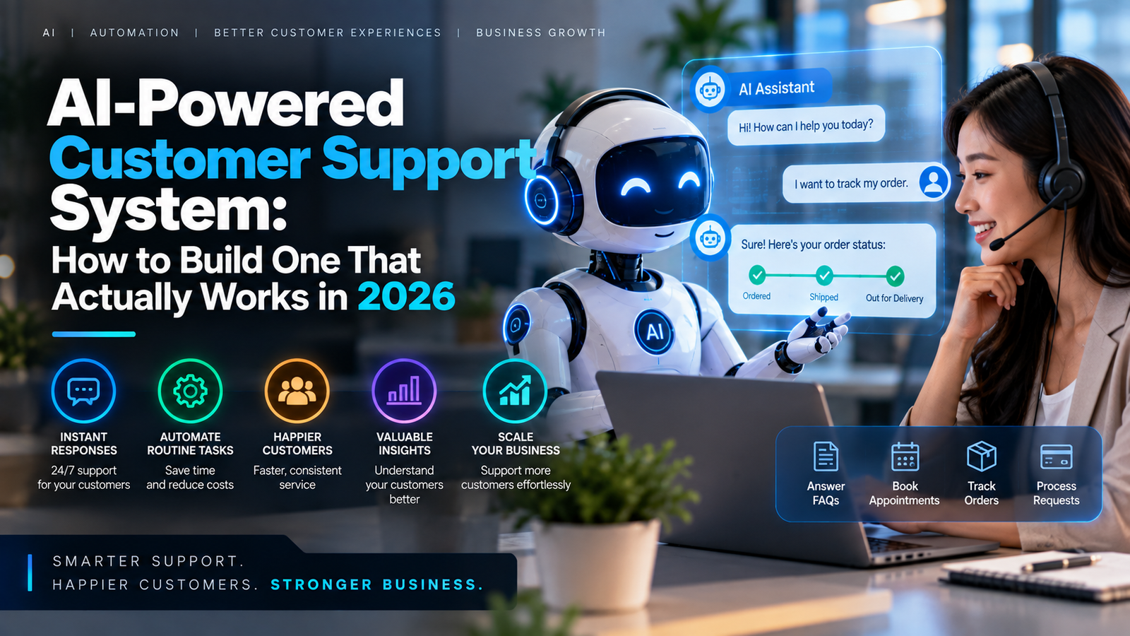 AI-powered customer support system using AI agents, automation, customer chat, ticket routing, and human support
