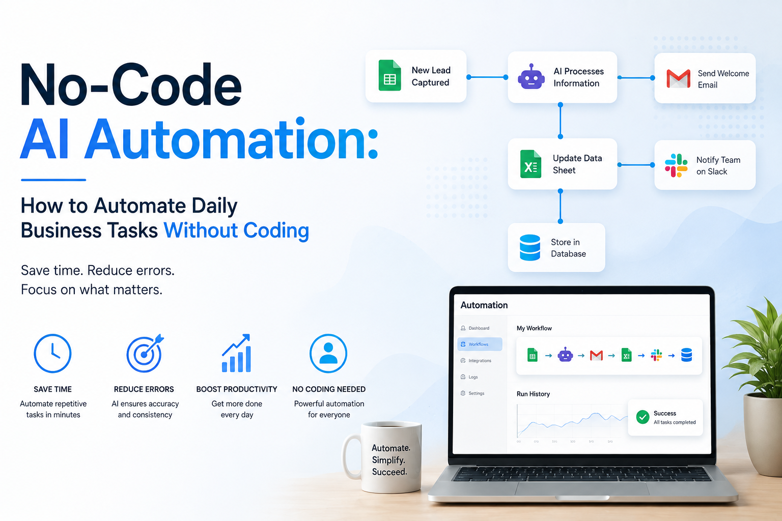 No-code AI business automation using AI agents to connect email, CRM, calendar, accounting, and daily business workflows